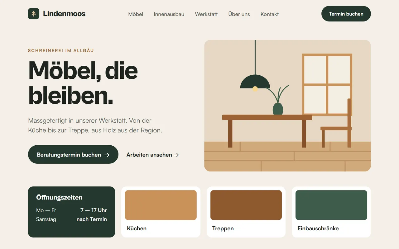 Nachher: moderne Demo-Website der erfundenen Schreinerei Lindenmoos